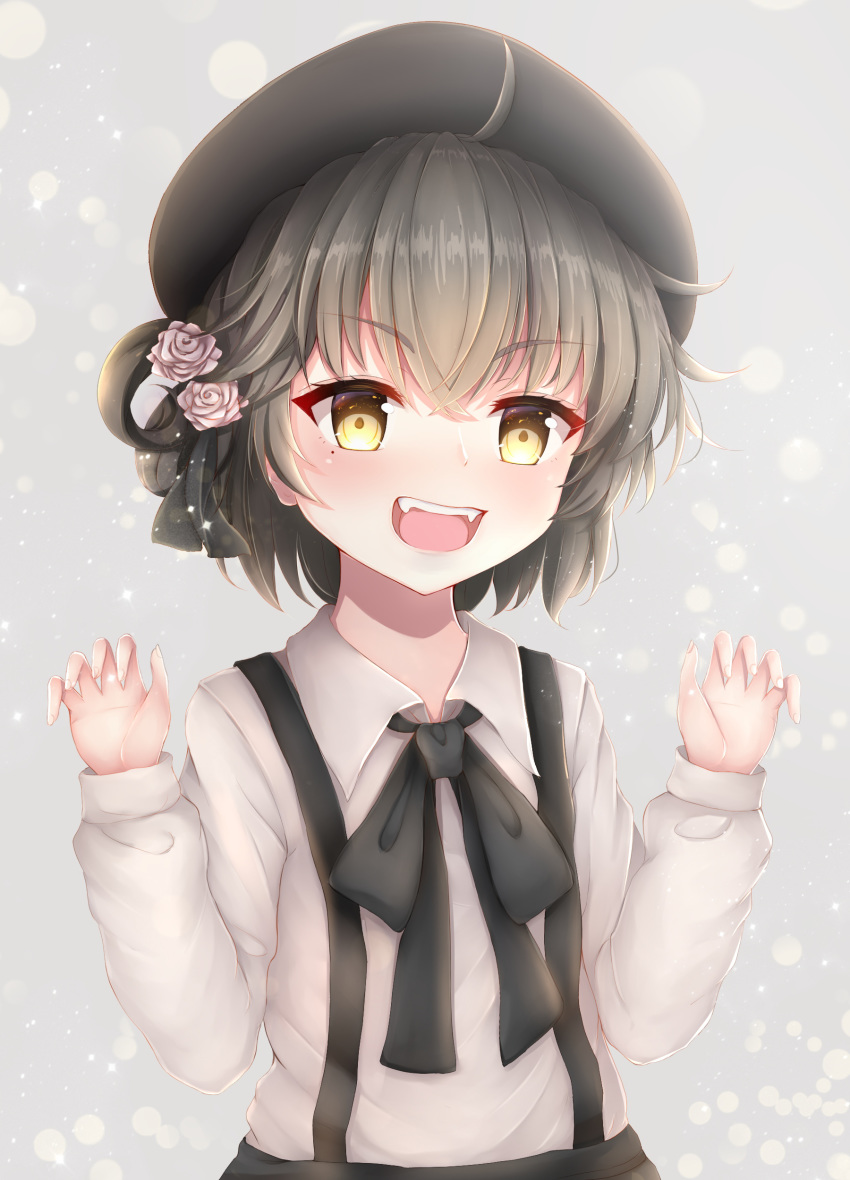 :d absurdres bangs beret black_bow black_hat black_ribbon black_skirt blush bow brown_eyes brown_hair claw_pose collared_shirt commentary_request endsmall_min eyebrows_visible_through_hair fangs fingernails flower hair_between_eyes hair_flower hair_ornament hair_ribbon hair_rings hands_up hat hatoba_tsugu hatoba_tsugu_(character) highres long_sleeves looking_at_viewer mole mole_under_eye open_mouth revision ribbon rose shirt skirt smile solo suspender_skirt suspenders v-shaped_eyebrows virtual_youtuber white_flower white_rose white_shirt