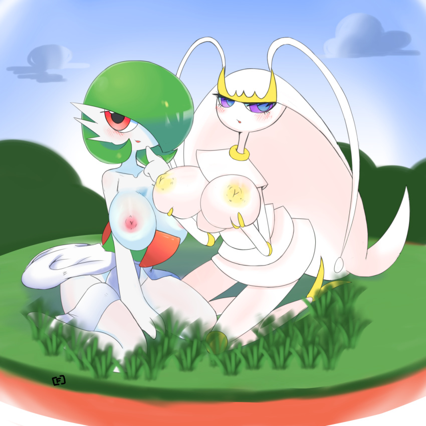 2girls gardevoir huge_breasts love-box-f no_humans pheromosa pokemon pokemon_(creature) red_eyes