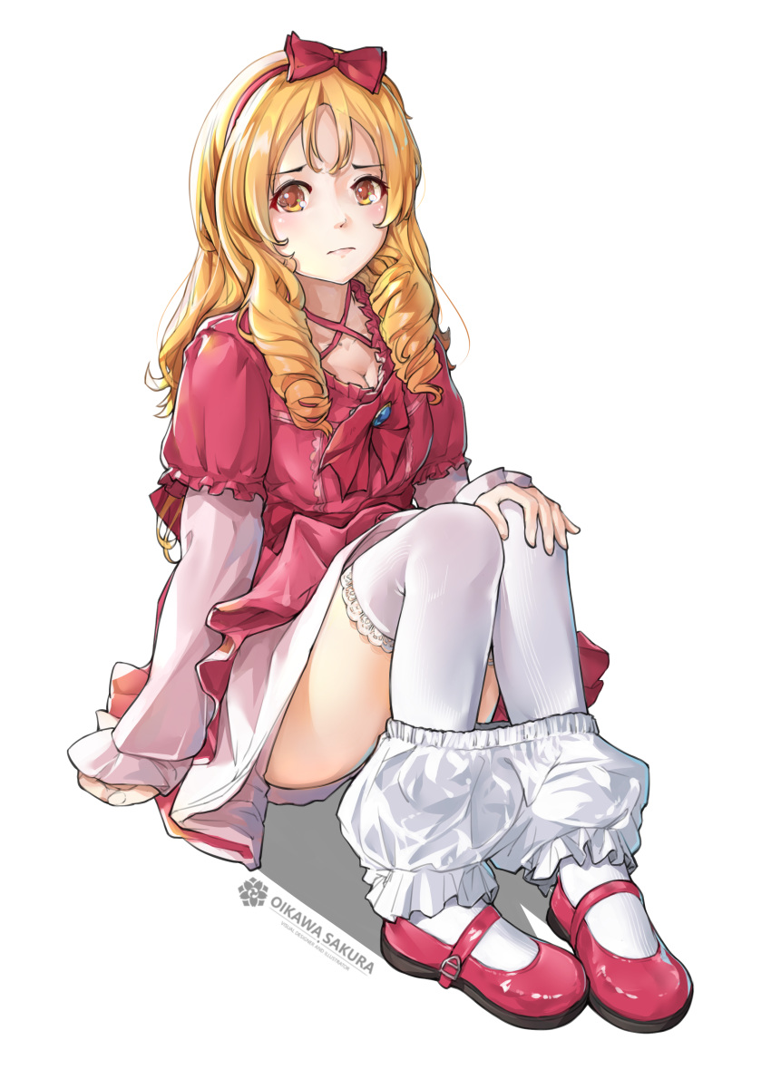 absurdres artist_name blonde_hair bloomers bloomers_pull blush bow breasts cleavage collarbone convenient_leg drill_hair embarrassed eromanga_sensei eyebrows_visible_through_hair frilled_legwear full_body hair_bow hairband highres layered_sleeves lolita_fashion long_hair looking_at_viewer mary_janes medium_breasts oikawa_sakura red_bow red_footwear red_hairband red_shirt shirt shoes simple_background sitting solo thighhighs underwear white_background white_bloomers white_legwear yamada_elf yellow_eyes