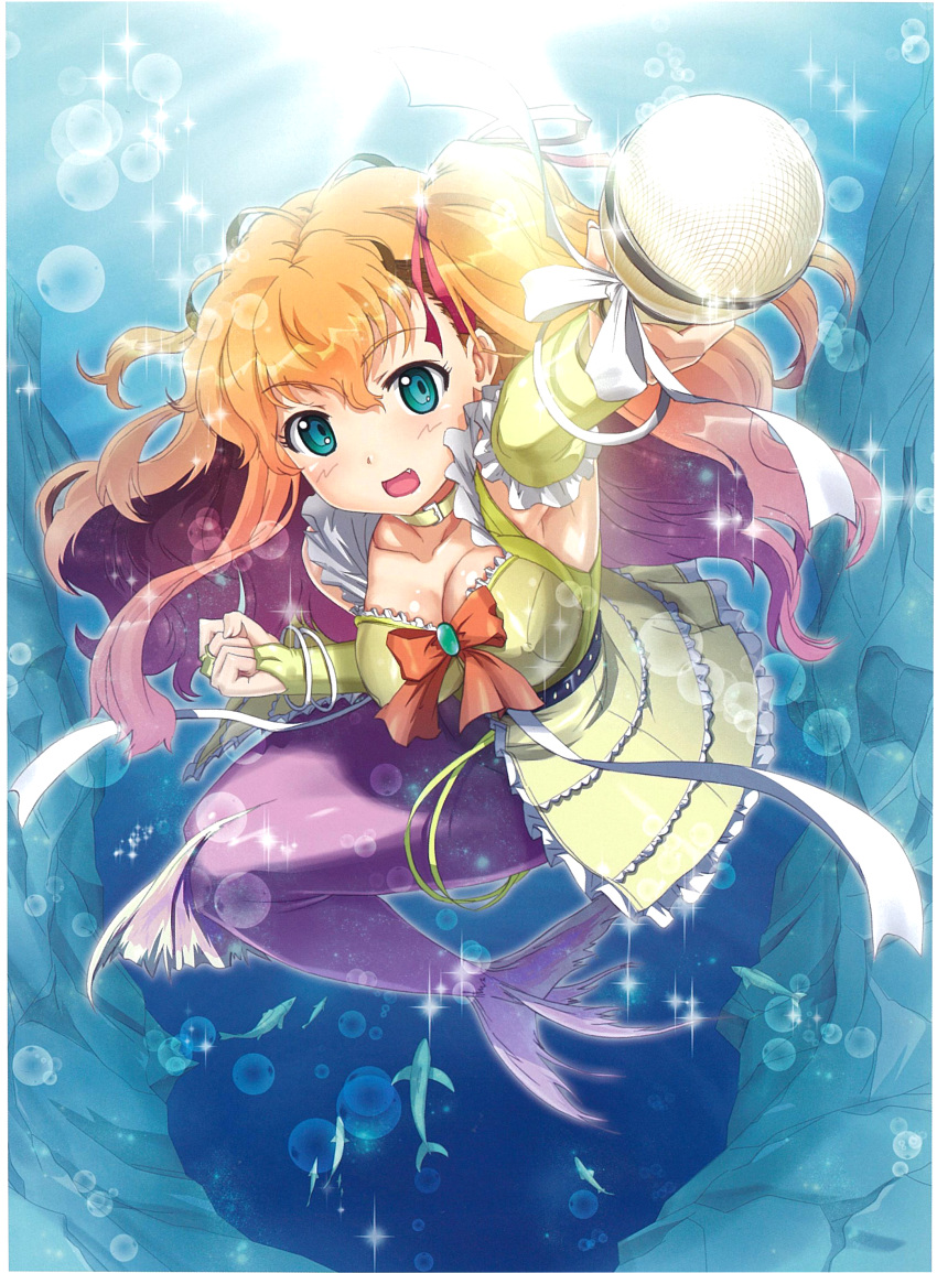 :d absurdres aqua_background bangs bracelet breasts cardfight!!_vanguard choker cleavage covered_nipples frills green_eyes hair_ribbon highres jewelry kimura_shigetaka large_breasts long_hair looking_at_viewer mermaid microphone monster_girl open_mouth orange_hair prism_on_the_water_myrtoa ribbon smile solo sparkle wrist_cuffs