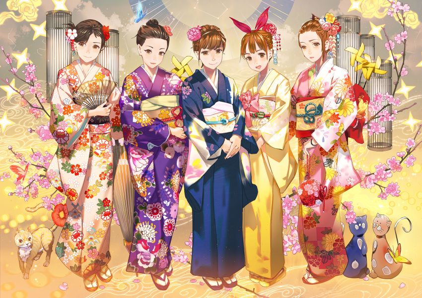 :d bangs_pinned_back blue_kimono bow branch brown_eyes brown_hair cat cherry_blossoms commentary_request el-zheng fan floral_print flower folding_fan get hair_bow hair_bun hair_flower hair_ornament highres holding holding_fan japanese_clothes kimono long_sleeves looking_at_viewer multiple_girls obi open_mouth original own_hands_together pink_bow pink_kimono purple_kimono sandals sash smile standing v_arms white_legwear wide_sleeves yellow_kimono