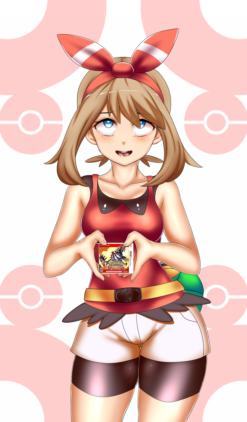 1girl ahegao bike_shorts black_shorts blue_eyes breasts brown_hair hair_ribbon hairband haruka_(pokemon) haruka_(pokemon)_(remake) holding keiboxy orangetea pokemon pokemon_(game) pokemon_oras short_shorts shorts shorts_under_shorts sleeveless sleeveless_shirt