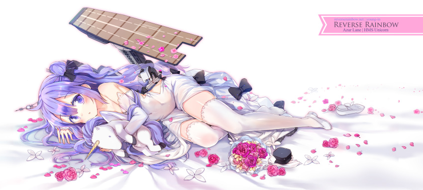 ahoge azur_lane bangs bare_shoulders bed_sheet black_bow black_ribbon blush bouquet bow character_name commentary_request copyright_name covered_navel detached_sleeves dress eyebrows_visible_through_hair flight_deck flower hair_between_eyes hair_bun hair_ribbon highres jin_young-in long_hair long_sleeves looking_at_viewer lying object_hug on_side one_side_up parted_lips petals pink_flower pink_rose purple_eyes purple_flower purple_hair purple_rose ribbon ring_box rose shiny shiny_skin shoes side_bun single_shoe skindentation sleeves_past_wrists solo stuffed_alicorn stuffed_animal stuffed_toy thighhighs unicorn_(azur_lane) very_long_hair white_dress white_flower white_footwear white_legwear yellow_flower