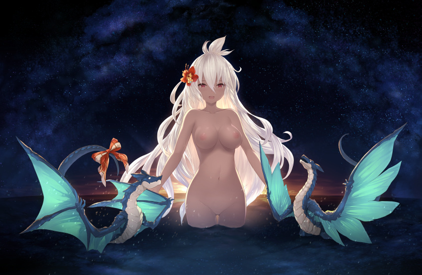 :d absurdres ahoge areolae arms_at_sides ass_visible_through_thighs bangs bikini bow breasts breasts_apart cait collarbone cowboy_shot dark_skin dragon eyebrows_visible_through_hair flower granblue_fantasy groin hair_between_eyes hair_flower hair_ornament hibiscus highres huge_filesize legs_together long_hair looking_at_viewer medium_breasts navel night night_sky nipples no_pussy nude open_mouth orange_bow outdoors paid_reward patreon_reward red_eyes red_flower shiny shiny_skin sky smile solo star_(sky) starry_sky stomach swimsuit tail tail_bow thigh_gap very_long_hair wading water white_hair zooey_(granblue_fantasy)