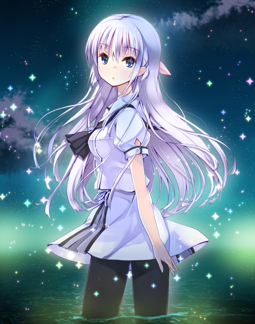 absurdres bangs black_legwear black_neckwear blue_eyes breasts cloud commentary_request eyebrows_visible_through_hair hair_between_eyes hair_ribbon highres long_hair looking_at_viewer looking_to_the_side medium_breasts naruse_shiroha night night_sky outdoors pantyhose parted_lips pink_ribbon pleated_skirt puffy_short_sleeves puffy_sleeves purple_shirt purple_skirt refeia ribbon shirt short_sleeves silver_hair skirt sky solo sparkle star_(sky) starry_sky summer_pockets very_long_hair wading water