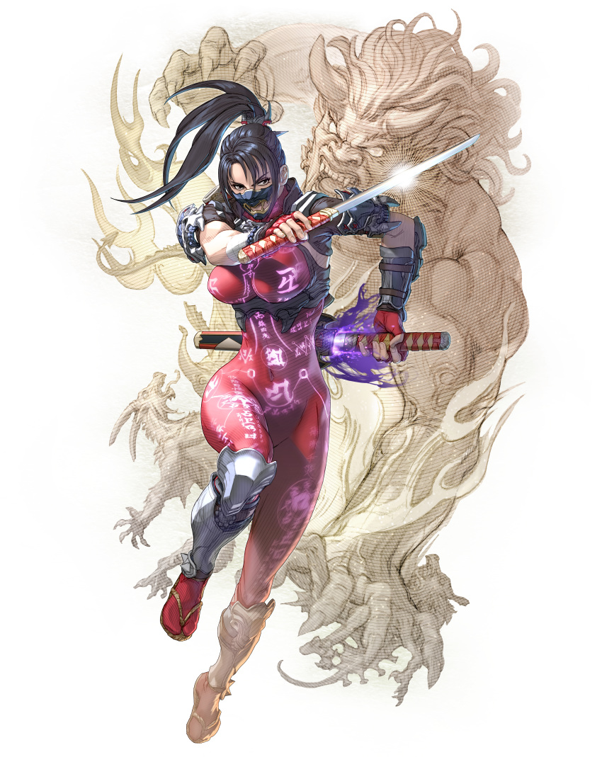 absurdres armor black_eyes black_hair bodysuit clothes_writing covered_navel dual_wielding face_mask floating_hair full_body high_ponytail highres holding huge_filesize kawano_takuji long_hair looking_at_viewer mask ninja_mask official_art oni reverse_grip sandals sheath sheathed short_sword solo soulcalibur soulcalibur_vi sword taki_(soulcalibur) vambraces weapon