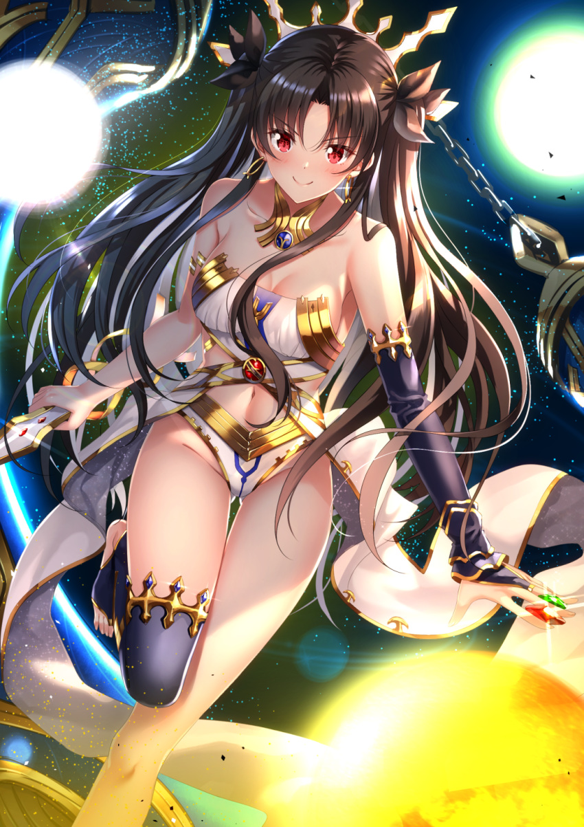 asymmetrical_legwear bangs bare_shoulders barefoot between_fingers black_bow black_hair black_legwear blush bow breasts bridal_gauntlets brown_hair chain cleavage closed_mouth collarbone commentary_request earrings emerald fate/grand_order fate_(series) glint groin hair_bow highres ishtar_(fate/grand_order) jewelry long_hair long_legs looking_at_viewer medium_breasts navel neck_ring parted_bangs red_eyes ruby_(stone) single_bridal_gauntlet single_thighhigh smile solo standing standing_on_one_leg stirrup_legwear swordsouls thighhighs tiara toeless_legwear two_side_up very_long_hair