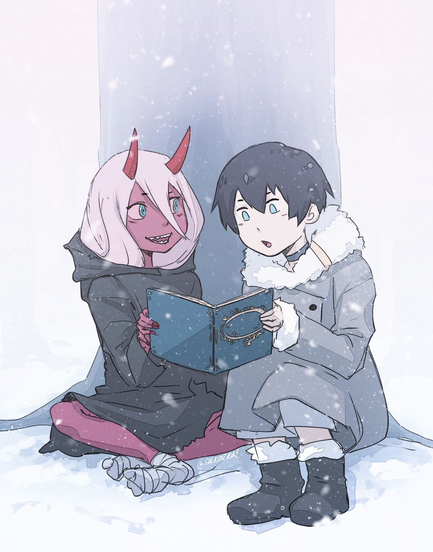 1boy 1girl black_hair black_robe boots coat darling_in_the_franxx female green_eyes hair_between_eyes high_resolution hiro_(darling_in_the_franxx) horns long_hair long_sleeves male red_skin robe short_hair silver_hair snow snowing solkorra user_xkhc2844 very_high_resolution winter winter_coat zero_two_(darling_in_the_franxx)