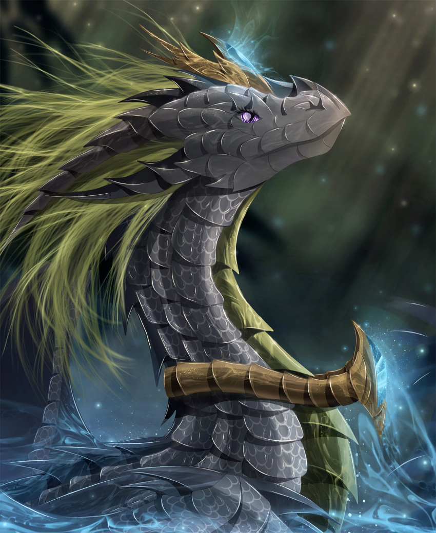 2018 black_scales blonde_hair digital_media_(artwork) dragon feral hair horn purple_eyes scales scalie sclaes smile solo telleryspyro western_dragon