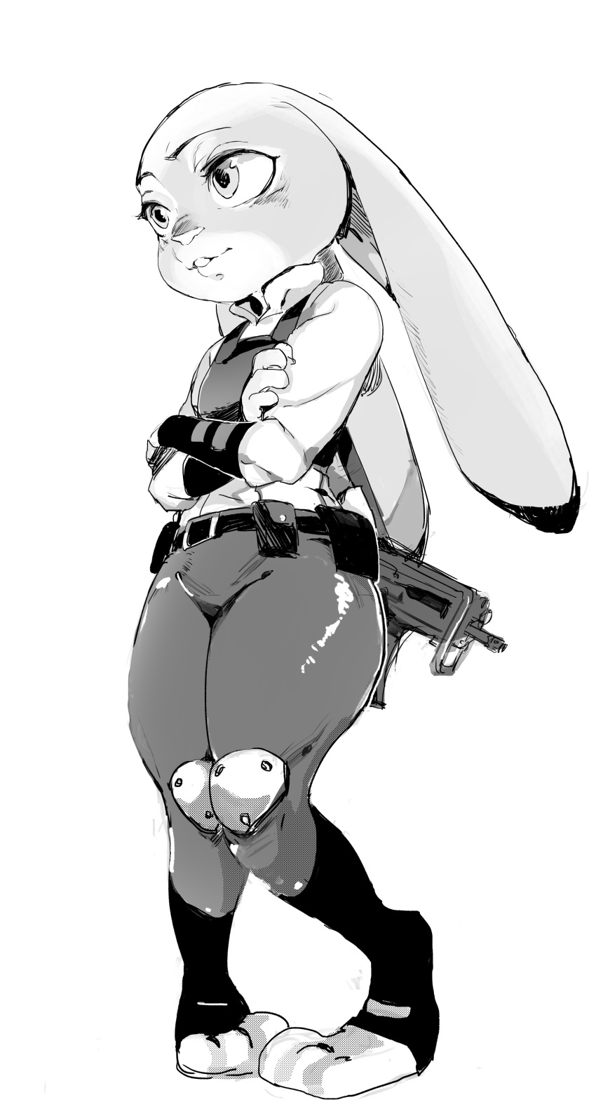 breasts clothing crossed_arms disney female gun hiranko judy_hopps lagomorph mammal monochrome pigeon_toed rabbit ranged_weapon small_breasts smile solo thick_thighs uniform weapon zootopia