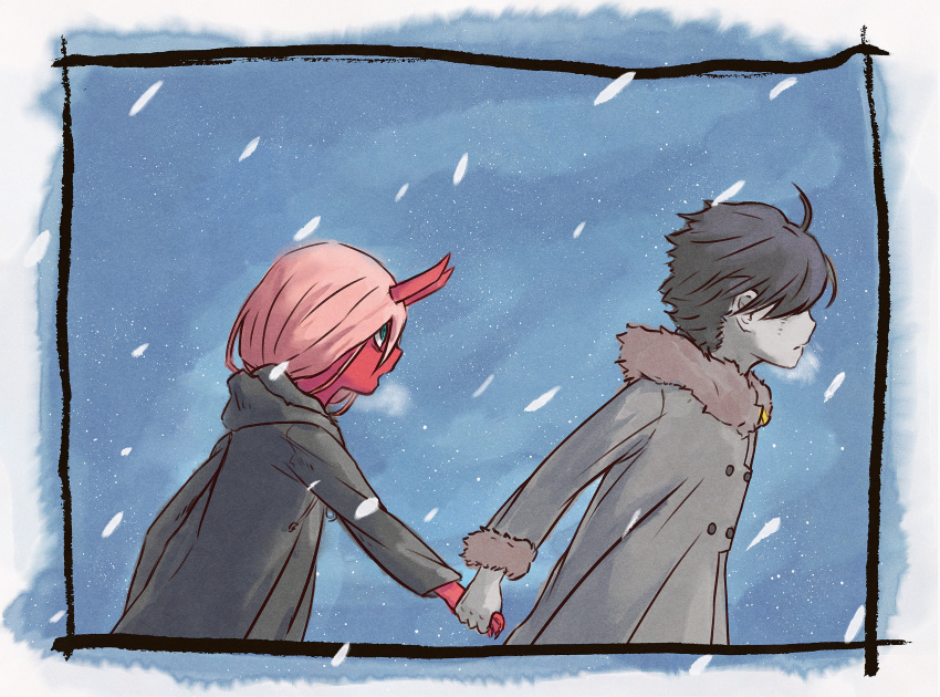 1boy 1girl black_hair black_robe coat darling_in_the_franxx female green_eyes hair_between_eyes high_resolution hiro_(darling_in_the_franxx) horns in_profile long_hair long_sleeves male pink_hair red_skin robe short_hair snow snowing very_high_resolution wasker winter winter_coat zero_two_(darling_in_the_franxx)