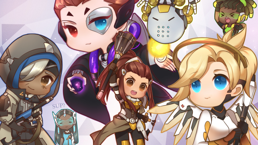 &gt;_&lt; 5girls :d ana_(overwatch) armor atobesakunolove black_hair blonde_hair blue_eyes brigitte_(overwatch) brown_eyes brown_hair chibi double_v goggles grey_hair gun heterochromia highres hood long_hair lucio_(overwatch) mechanical_halo mechanical_wings mercy_(overwatch) moira_(overwatch) multiple_girls omnic open_mouth overwatch ponytail red_hair robot short_hair smile symmetra_(overwatch) v v-shaped_eyebrows weapon wings xd zenyatta_(overwatch)