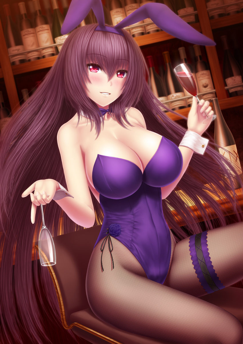 animal_ears bar bare_shoulders black_legwear blush bow bowtie breasts bunny_ears bunny_girl bunnysuit chair cleavage commentary_request covered_navel cup detached_collar drinking_glass dutch_angle fake_animal_ears fate/grand_order fate_(series) fishnet_pantyhose fishnets hair_between_eyes hair_intakes highres large_breasts leotard long_hair looking_at_viewer masatoki pantyhose parted_lips purple_hair purple_leotard red_eyes scathach_(fate)_(all) scathach_(fate/grand_order) sitting smile solo strapless strapless_leotard teeth thigh_strap very_long_hair wine_glass wrist_cuffs
