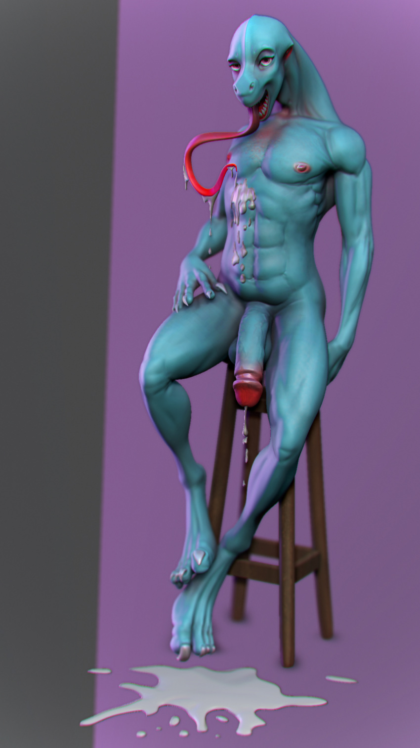 3d_(artwork) cum cum_drip digital_media_(artwork) dinosaur dripping drippy kruk looking_at_viewer looking_pleasured male model muscular nipples posed reptile saliva saliva_string scalie sixpack slim tongue tongue_out