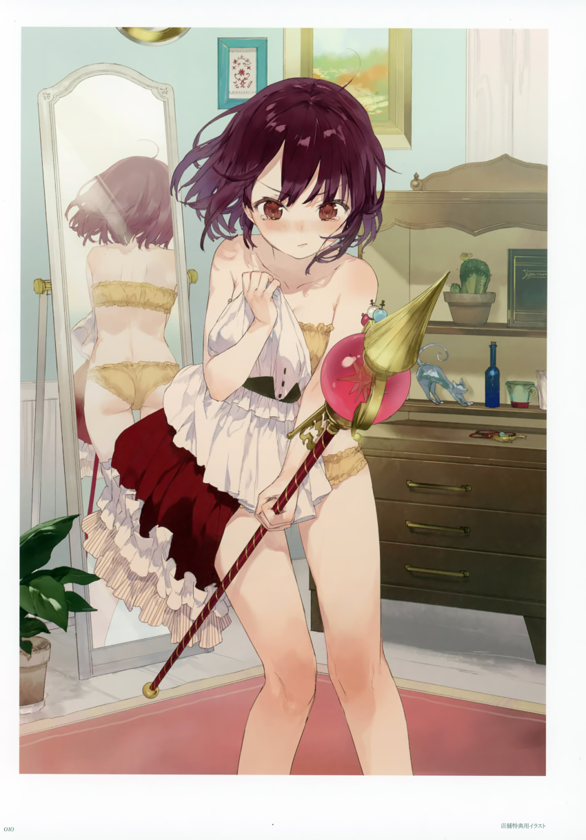 :/ absurdres ass atelier_(series) atelier_sophie back bangs blush body_blush bottle bra brown_bra brown_eyes brown_panties carpet chest_of_drawers cinderella_bust drawer dress dress_removed dressing embarrassed eyebrows_visible_through_hair feet_out_of_frame floating_hair full-length_mirror highres holding holding_clothes holding_staff huge_filesize indoors looking_at_viewer mirror noco_(adamas) panties picture_frame plant potted_plant red_hair reflection scan short_hair solo sophie_neuenmuller staff standing strapless strapless_bra tears underwear underwear_only