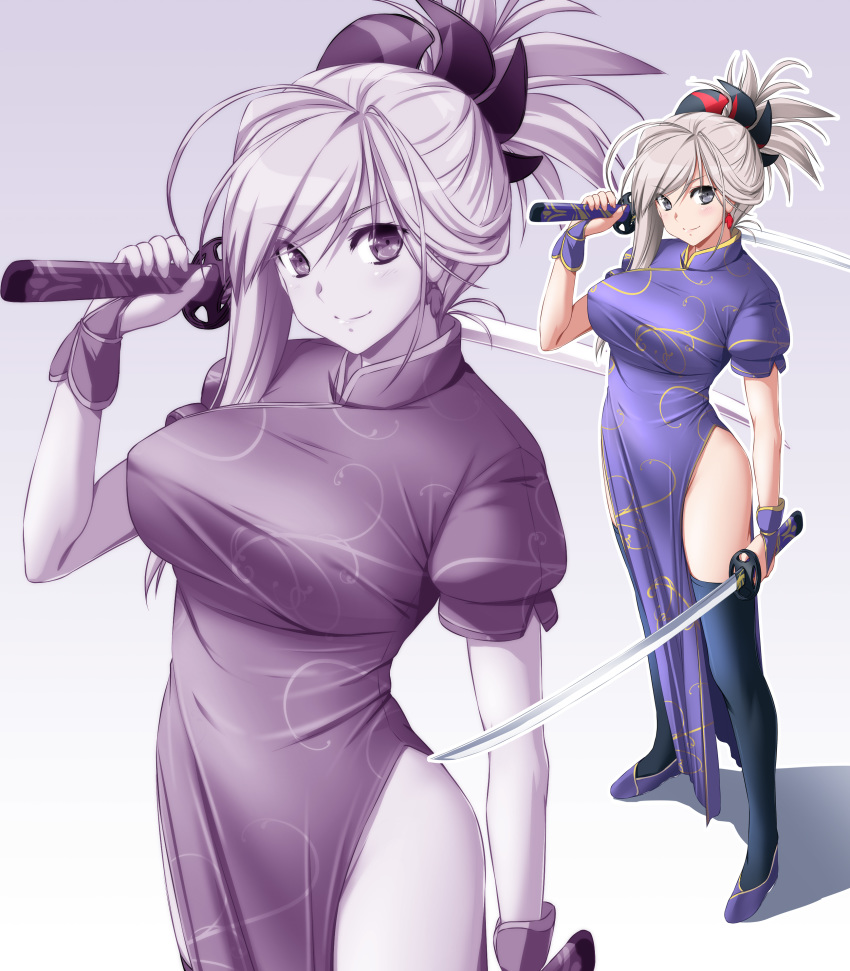 absurdres asymmetrical_bangs bad_id bad_nicoseiga_id bangs black_legwear blue_eyes blush breasts china_dress chinese_clothes closed_mouth commentary_request dress dual_wielding eyebrows_visible_through_hair fate/grand_order fate_(series) grey_hair hand_up highres hips holding holding_sword holding_weapon katana large_breasts looking_at_viewer miyamoto_musashi_(fate/grand_order) nori_tamago pelvic_curtain ponytail short_sleeves sidelocks silver_hair smile solo standing sword thighhighs thighs weapon zoom_layer