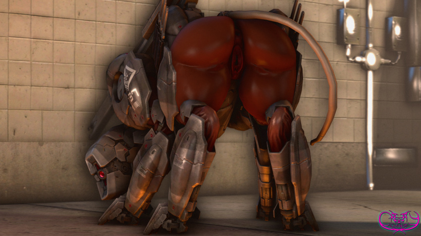 2016 3d_(artwork) absurd_res anus armor butt canine creepychimera digital_media_(artwork) female feral hi_res inviting knife konami looking_at_viewer lq-84l_(creepychimera) machine mammal metal_gear metal_gear_rising pussy ranged_weapon robot solo source_filmmaker video_games weapon