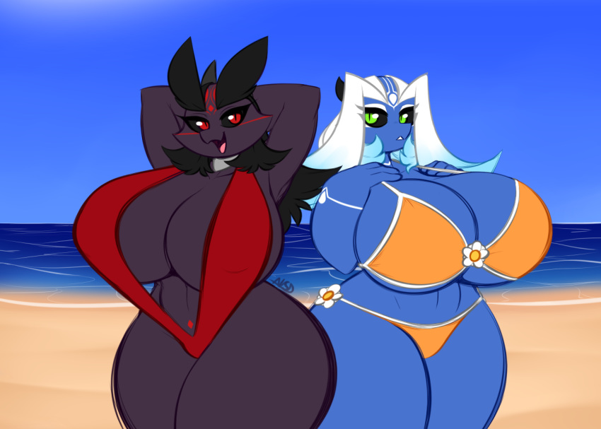 averyshadydolphin beach big_breasts breasts clothing dragon duo eyebrows female jou looking_at_viewer miajou seaside swimsuit water yaojou
