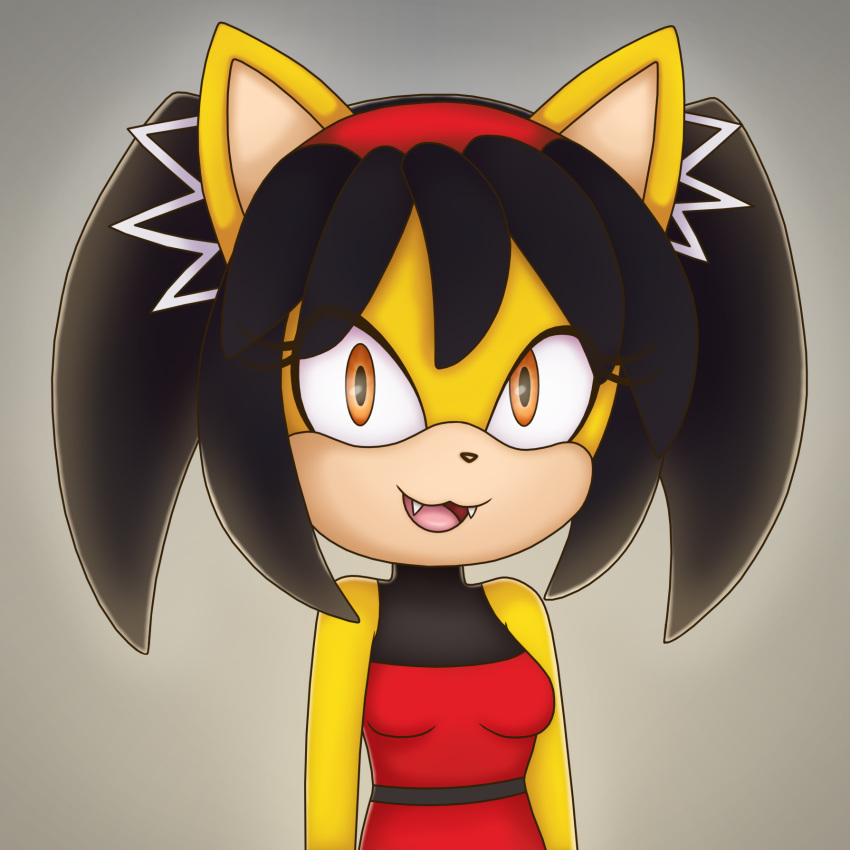 2019 anthro bangs big_ears black_hair black_nose breasts cat clothed clothing cute_fangs digital_media_(artwork) dress es74 eyelashes feline female front_view fur hair hairband half-length_portrait hi_res honey_the_cat looking_at_viewer mammal open_mouth open_smile orange_eyes pigtails portrait red_clothing simple_background sleeveless sleeveless_dress smile solo sonic_(series) standing tan_fur tongue yellow_fur