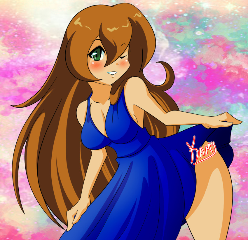 1girl alternate_costume alternate_focus bare_arms bare_shoulders bent_over blue_dress blush breasts brown_hair capcom cleavage dress dress_lift green_eyes hair_between_eyes iris_(rockman_x) kamira-exe large_breasts leaning_forward long_hair looking_at_viewer looking_to_the_side one_eye_closed rockman rockman_x rockman_x4 sideboob signature smile solo wink winking