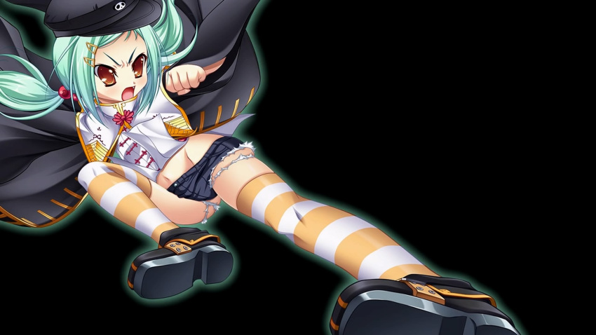 black_background black_coat boots brown_eyes chinkyuu clenched_hand coat cutoffs denim denim_shorts flying_kick full_body green_hair hair_bobbles hair_ornament hairclip hat highres katagiri_hinata kicking koihime_musou long_hair midriff navel official_art open_mouth outstretched_arm shirt short_shorts shorts simple_background solo striped striped_legwear thighhighs twintails white_shirt