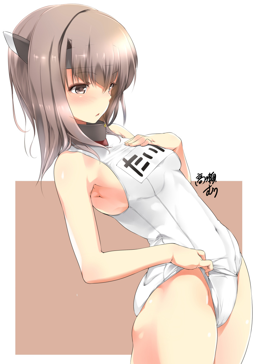 absurdres ass bangs blush breasts brown_eyes brown_hair character_name commentary_request covered_navel cowboy_shot eyebrows_visible_through_hair hand_on_own_chest headband headgear highres hips kantai_collection leaning_back name_tag old_school_swimsuit one-piece_swimsuit parted_lips school_swimsuit short_hair sideboob small_breasts solo swimsuit swimsuit_pull taihou_(kantai_collection) takase_muu thighs white_school_swimsuit white_swimsuit