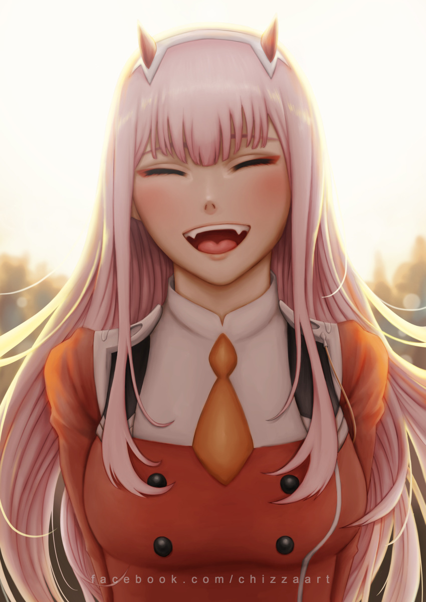 bangs breasts chizza closed_eyes commentary_request darling_in_the_franxx facebook_username facing_viewer fangs hairband highres horns laughing long_hair medium_breasts open_mouth orange_neckwear pilot_suit pink_hair red_horns solo white_hairband zero_two_(darling_in_the_franxx)