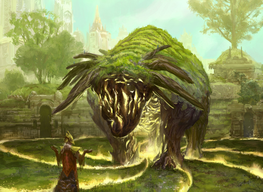 ambiguous_gender atmospheric_perspective city cityscape duo elemental feral flora_fauna front_view glowing grass hi_res human macro magic_the_gathering mammal official_art plant quadruped rear_view restricted_palette size_difference summoning tree yeong-hao_han