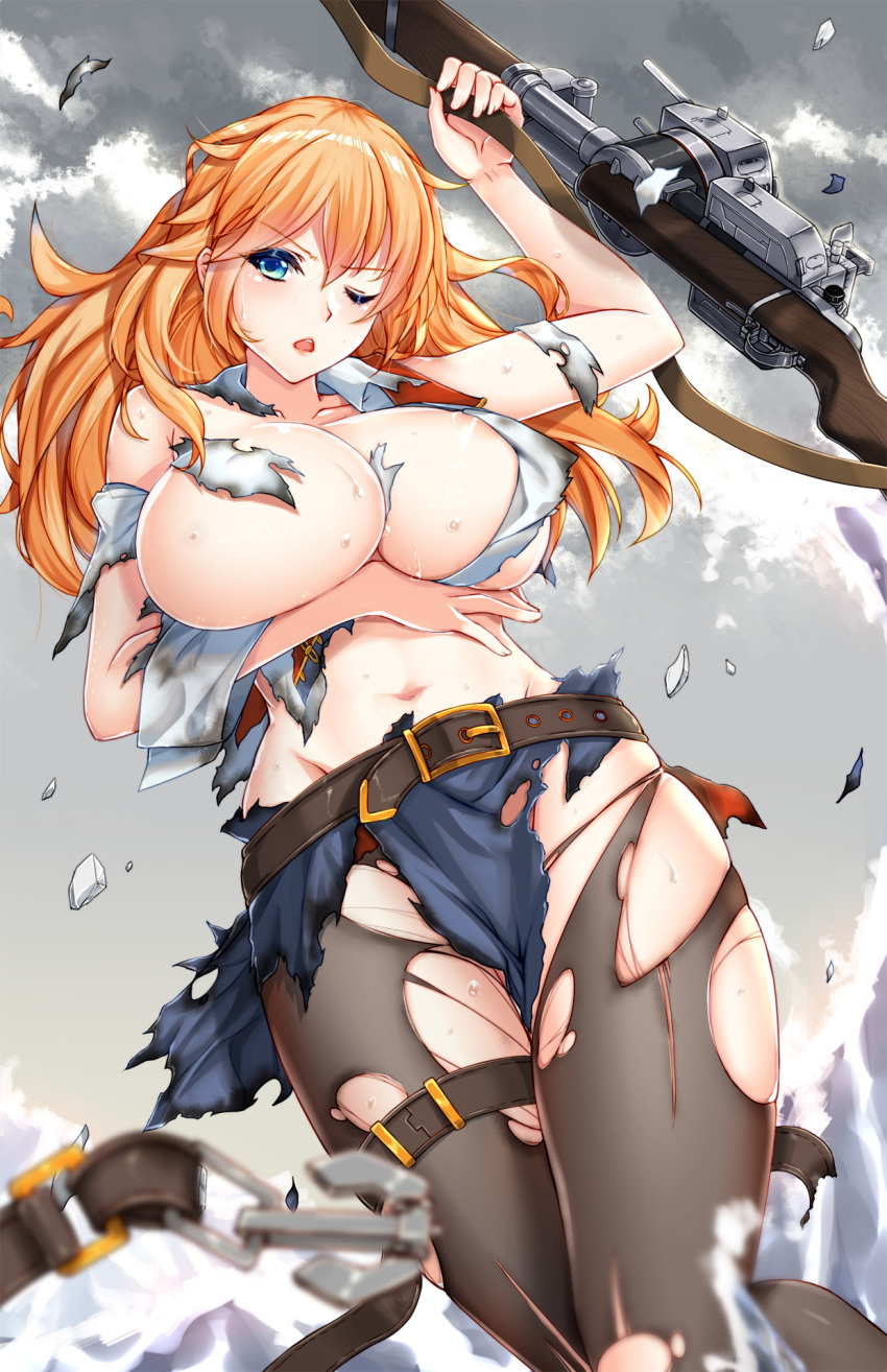 areola_slip areolae belt blue_eyes blue_shirt blue_skirt breasts brown_belt bursting_breasts collarbone des_moines_(zhan_jian_shao_nyu) gun highres huge_breasts lips looking_at_viewer lying m1_garand midriff navel on_back one_eye_closed open_mouth pantyhose red_hair rifle ryuuzouji_usagi shirt skindentation skirt sling solo torn_belt torn_clothes torn_legwear torn_shirt turret underboob weapon zhan_jian_shao_nyu