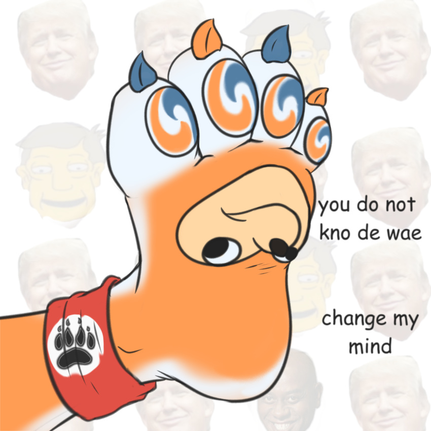 ainsley_harriott blue_claws cancer claws donald_trump english_text engrish foot_focus fur meme multicolored_pawpads nazi_salute nazifur orange_claws orange_fur pawpads pawpods paws seymour_skinner sodiepawp text tide_pod toeless_(marking) ugandan_knuckles upside_down