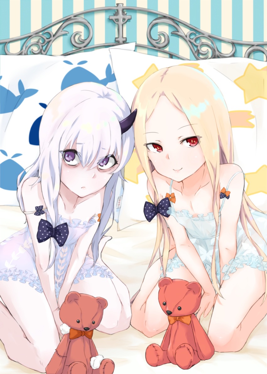 abigail_williams_(fate/grand_order) alakoala_shoushou animal_print bags_under_eyes bangs bare_legs bare_shoulders barefoot bed between_legs black_bow bow chemise closed_mouth collarbone commentary_request damaged eyebrows_visible_through_hair fate/grand_order fate_(series) fish_print hair_between_eyes hair_bow hand_between_legs highres lavinia_whateley_(fate/grand_order) long_hair multiple_girls no_panties on_bed orange_bow parted_bangs pillow polka_dot polka_dot_bow print_pillow purple_eyes red_eyes see-through silver_hair sitting smile star star_print strap_slip striped striped_background stuffed_animal stuffed_toy teddy_bear vertical-striped_background vertical_stripes very_long_hair wariza whale_print