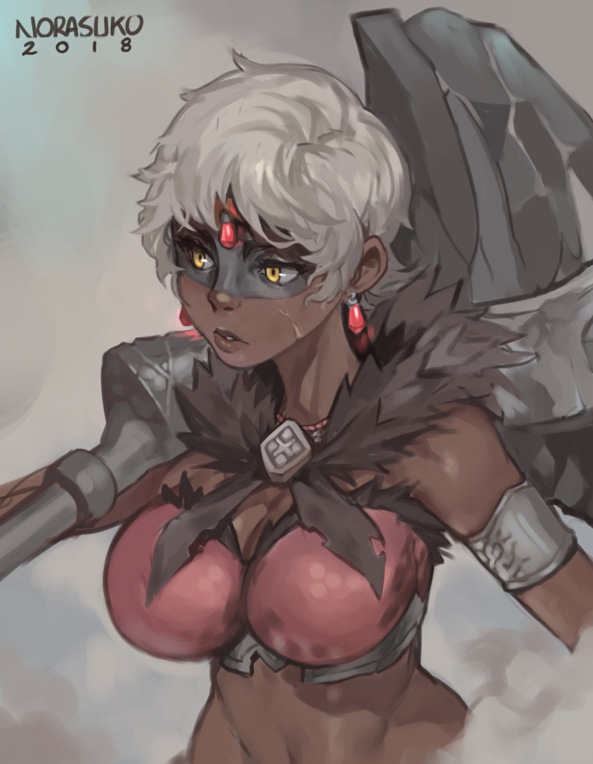 anjanath_(armor) armlet armor bikini_armor breasts cleavage commentary crossover dark_skin detached_collar earrings english_commentary eyelashes facepaint forehead_jewel fur_collar highres huge_weapon jewelry large_breasts making_of mallet monster_hunter monster_hunter:_world norasuko over_shoulder pendant ramona_(the_prey) scar short_hair silver_hair simple_background solo the_prey upper_body weapon weapon_over_shoulder yellow_eyes