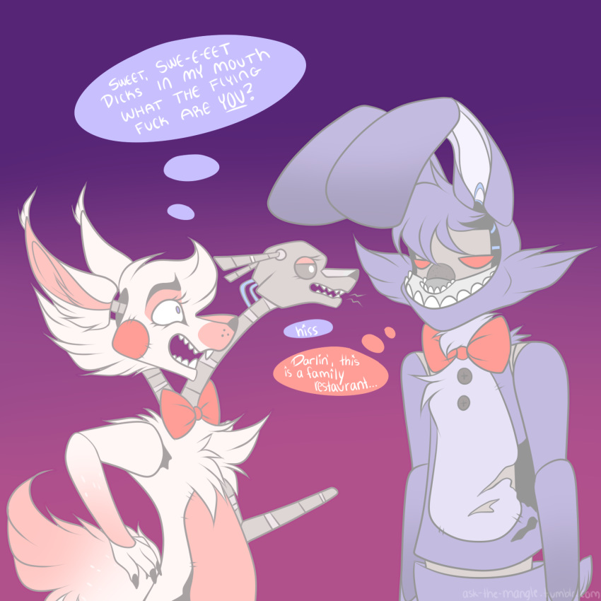 animatronic anthro ask-the-mangle bow_tie duo english_text faceless female five_nights_at_freddy's five_nights_at_freddy's_2 fur grumpy hi_res lagomorph machine male mammal mangle_(fnaf) onomatopoeia open_mouth rabbit robot sound_effects teeth text ventriloquist video_games withered_bonnie_(fnaf)