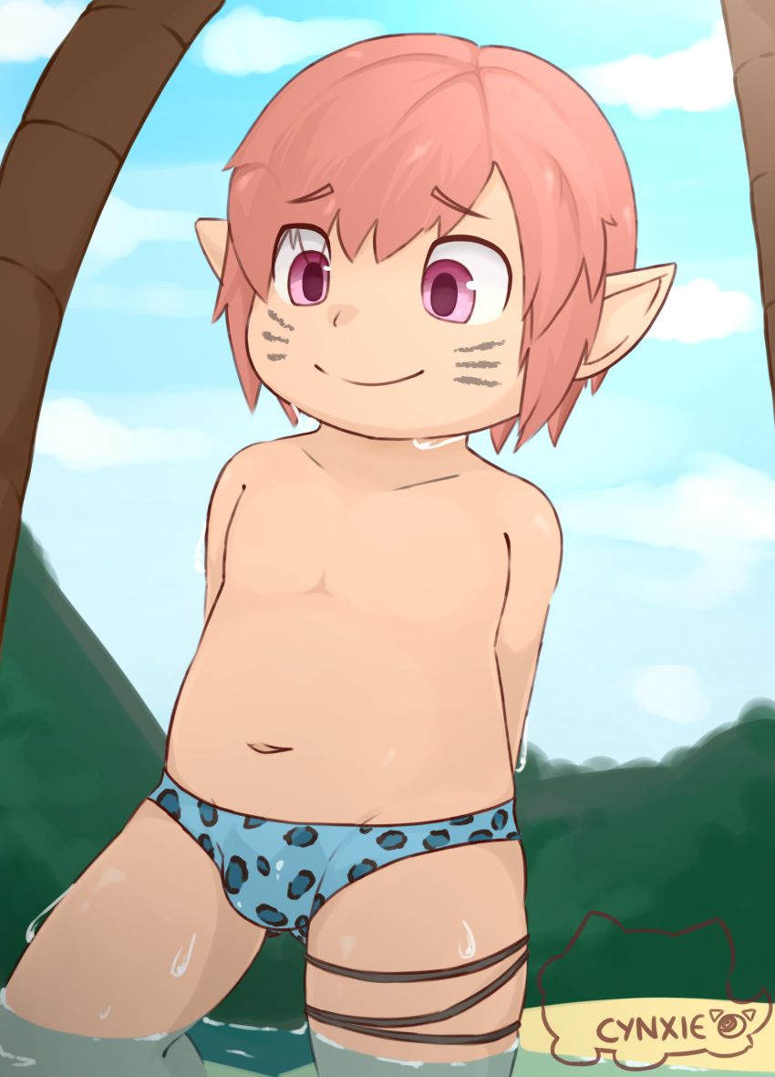 beach bulge clothing cynxie_(artist) hair lalafell male pink_eyes pink_hair seaside solo speedo swimsuit water wet young