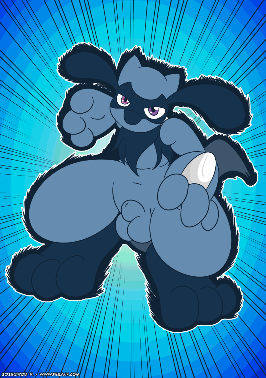 2015 3_toes abstract_background anthro balls blue_background canine digital_media_(artwork) flaccid fur hi_res looking_at_viewer male mammal mrpandragon navel nintendo nude penis pok&eacute;mon pok&eacute;mon_(species) pose purple_eyes riolu simple_background solo standing toes video_games