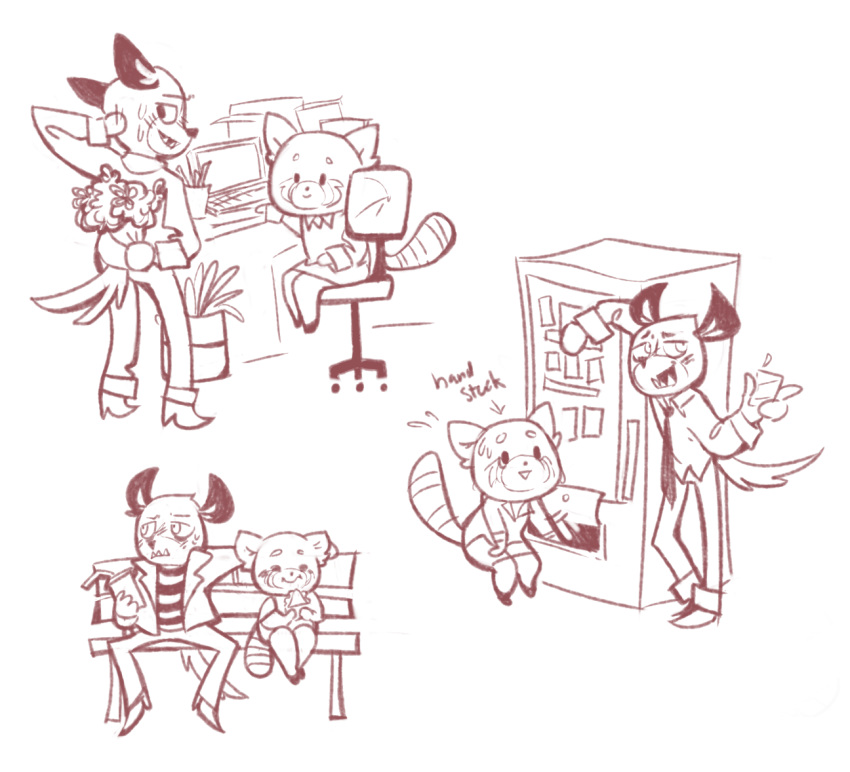 2018 aggressive_retsuko anthro anthro_on_anthro bench blush chair chat computer date female flower haida hoaxghost hyena laptop larger_male male male/female mammal office plant red_panda retsuko sanrio size_difference smaller_female source_request spotted_hyena vending_machine