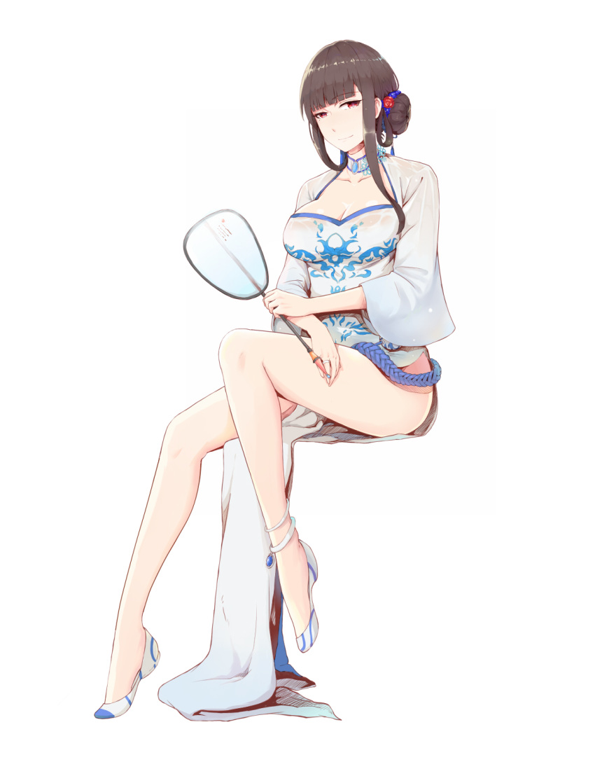 anklet bangs blunt_bangs brown_hair china_dress chinese_clothes dress full_body hair_ornament highres jewelry looking_at_viewer mole mole_under_eye red_eyes ring short_hair simple_background sitting smile solo white_background xiao_shei.. yat_sen_(zhan_jian_shao_nyu) zhan_jian_shao_nyu