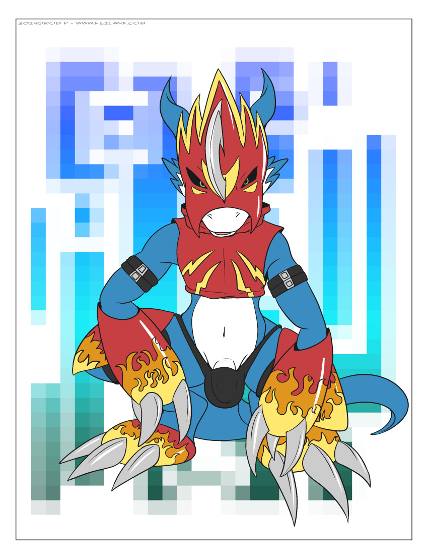 2014 3_toes abstract_background anthro balls blue_skin claws clothed clothing digimon digital_media_(artwork) dragon flaccid flamedramon hi_res horn looking_at_viewer male mrpandragon navel open_mouth panties penis scalie simple_background solo toes underwear
