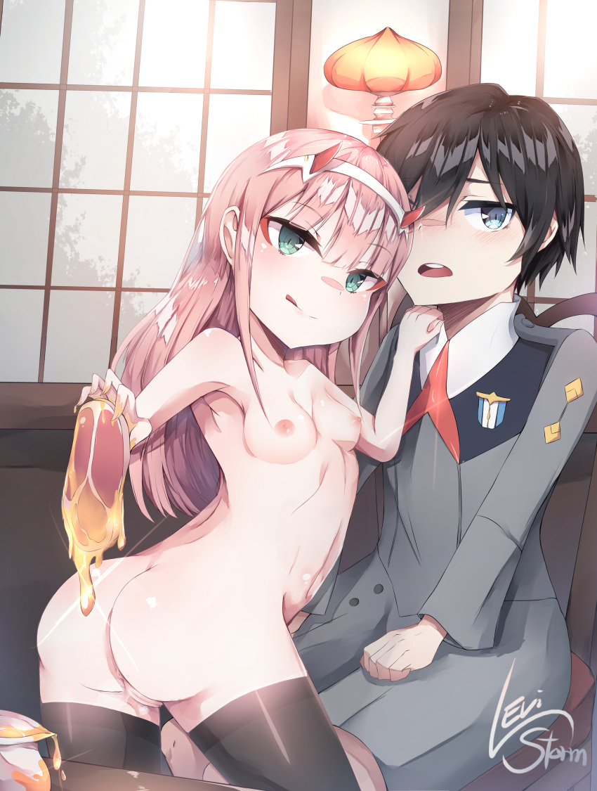 1girl absurdres anus areolae ass bad_anatomy black_hair black_legwear blue_eyes breasts chair commentary_request couple darling_in_the_franxx eyebrows_visible_through_hair food green_eyes hairband hand_on_another's_shoulder hetero highres hiro_(darling_in_the_franxx) holding holding_food honey honey_dipper honeypot horns korean_commentary levi_storm long_hair looking_at_viewer meat military military_uniform naughty_face nipples oni_horns open_mouth pink_hair pussy red_horns shiny shiny_hair shorts signature sitting small_breasts smile steaming_body table thighhighs tongue tongue_out uncensored uniform white_hairband zero_two_(darling_in_the_franxx)