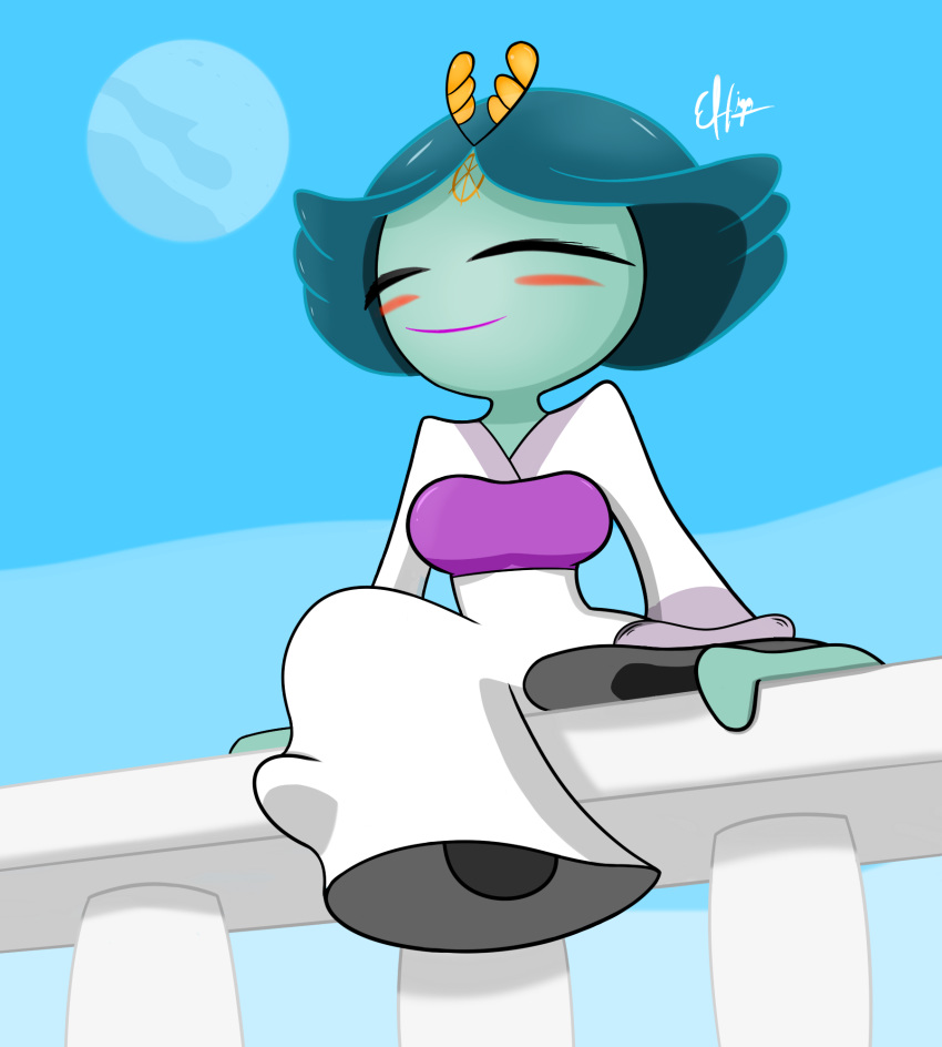2015 alien anthro arthropod balcony beeza blue_hair blush breasts clothing eyes_closed female flea hair happy insect schnuron sitting smile solo wander_over_yonder
