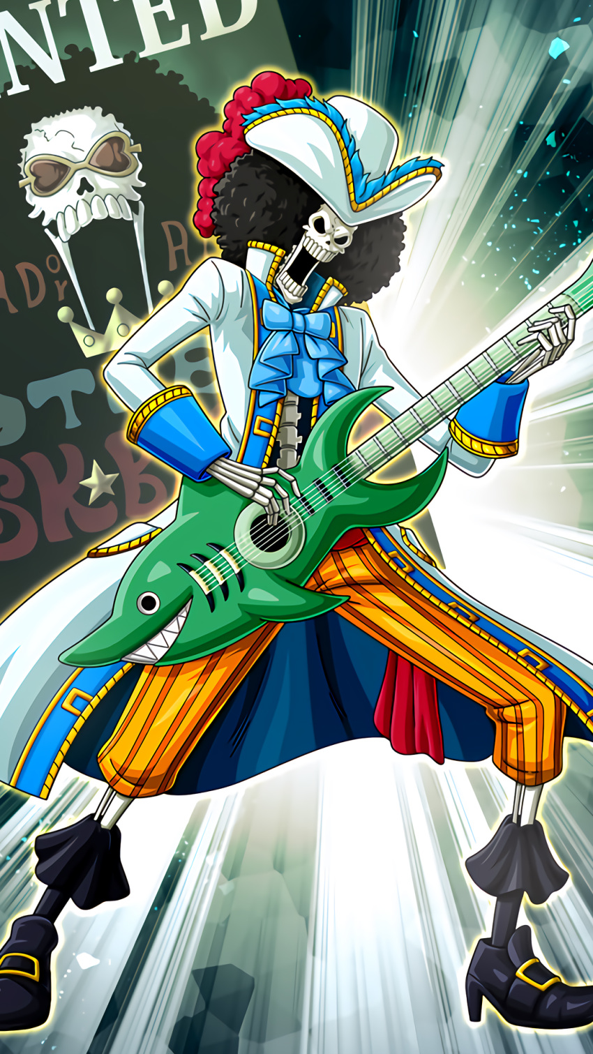 afro black_footwear black_hair black_legwear blue_bow blue_neckwear bow bowtie brook cravat emphasis_lines guitar hair_ornament hat high_heels highres holding holding_instrument instrument male_focus music one_piece open_mouth pants playing_instrument plume skeleton solo standing striped sunglasses vertical-striped_pants vertical_stripes wanted white_hat yellow_pants