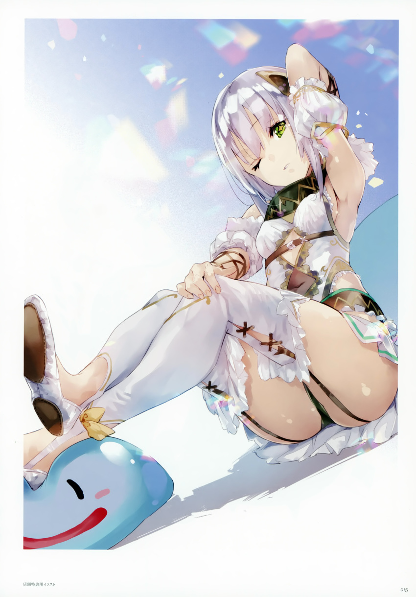 ;&lt; absurdres arm_up armpits atelier_(series) atelier_sophie bangs crossed_legs eyebrows_visible_through_hair fingernails garter_straps green_eyes hair_between_eyes hand_on_own_knee highres huge_filesize legs_together legs_up looking_at_viewer one_eye_closed parted_lips plachta puni_(atelier) scan solo white_hair yuugen