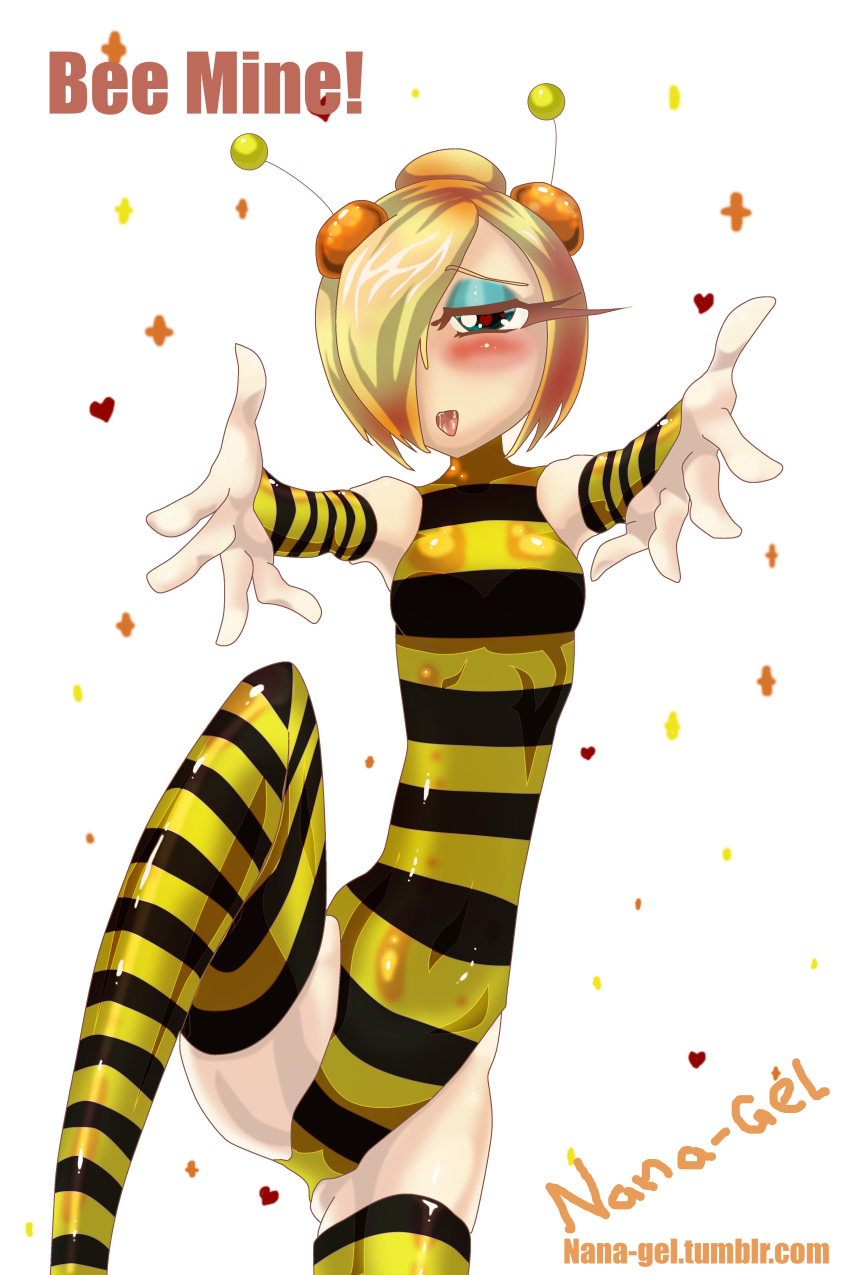 2015 arthropod bee blush clothing female hair hi_res humanoid insect nana_gel not_furry open_mouth simple_background solo text tongue