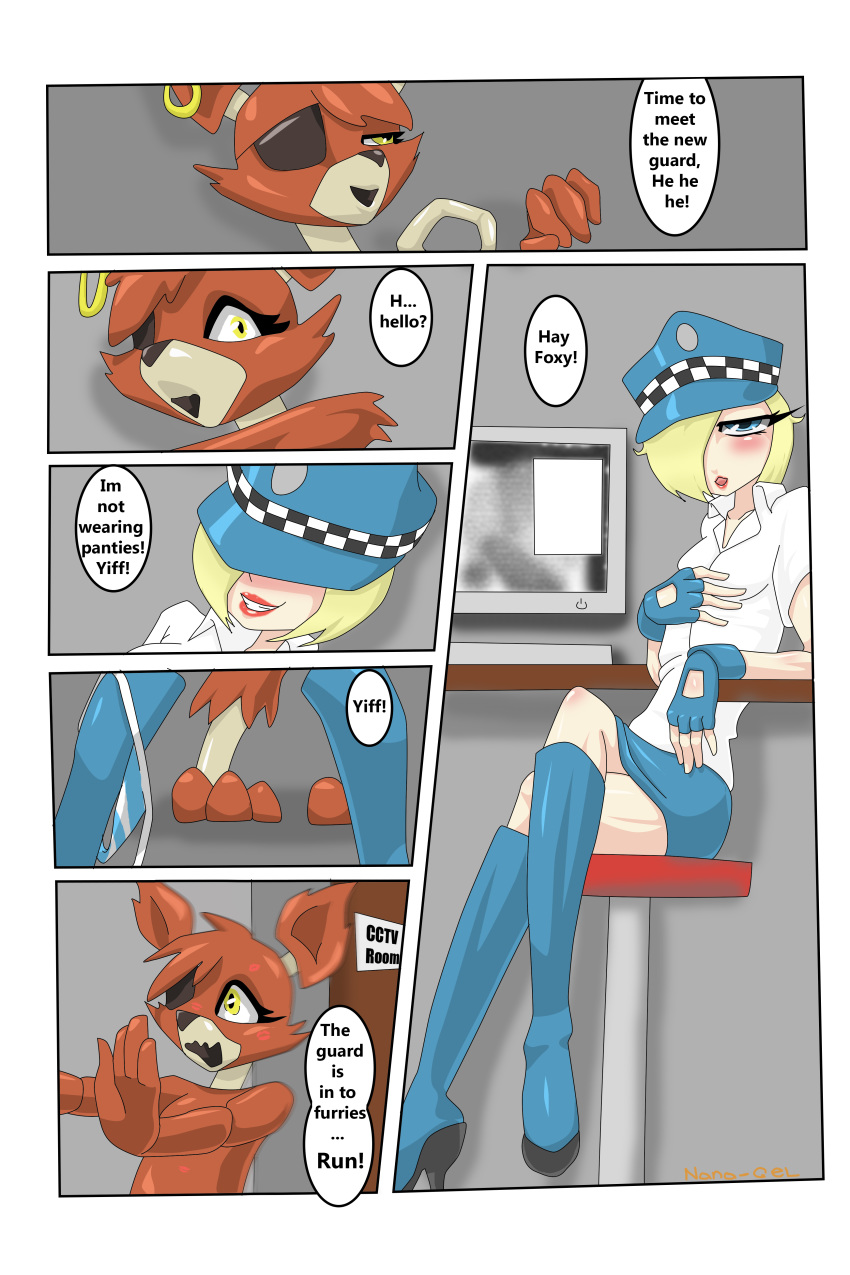 animatronic anthro boots canine clothing comic duo english_text eye_patch eyewear female five_nights_at_freddy's footwear fox foxy_(fnaf) gloves hat hi_res hook human kiss_mark lipstick machine makeup male mammal nana_gel panties panties_down robot text underwear uniform video_games watermark