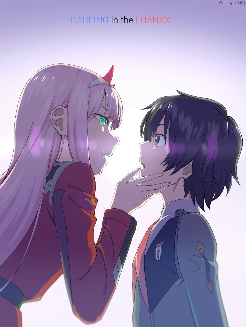 1girl absurdres bangs black_hair blue_eyes commentary_request copyright_name couple darling_in_the_franxx face-to-face facing_another green_eyes hair_ornament hairband hand_on_another's_face hetero highres hiro_(darling_in_the_franxx) horns long_hair long_sleeves looking_at_another military military_uniform murayuki1404 necktie oni_horns pink_hair red_horns red_neckwear twitter_username uniform white_hairband zero_two_(darling_in_the_franxx)