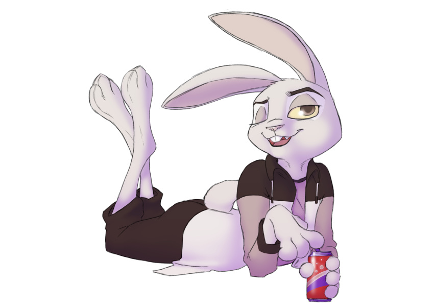 2018 alpha_channel ambiguous_gender anthro barefoot beverage_can clothed clothing disney fan_character foxxj holding_can holding_object lagomorph legs_up looking_at_viewer lying mammal on_front one_eye_closed open_jacket rabbit simple_background solo texi_(yitexity) transparent_background yellow_sclera zootopia