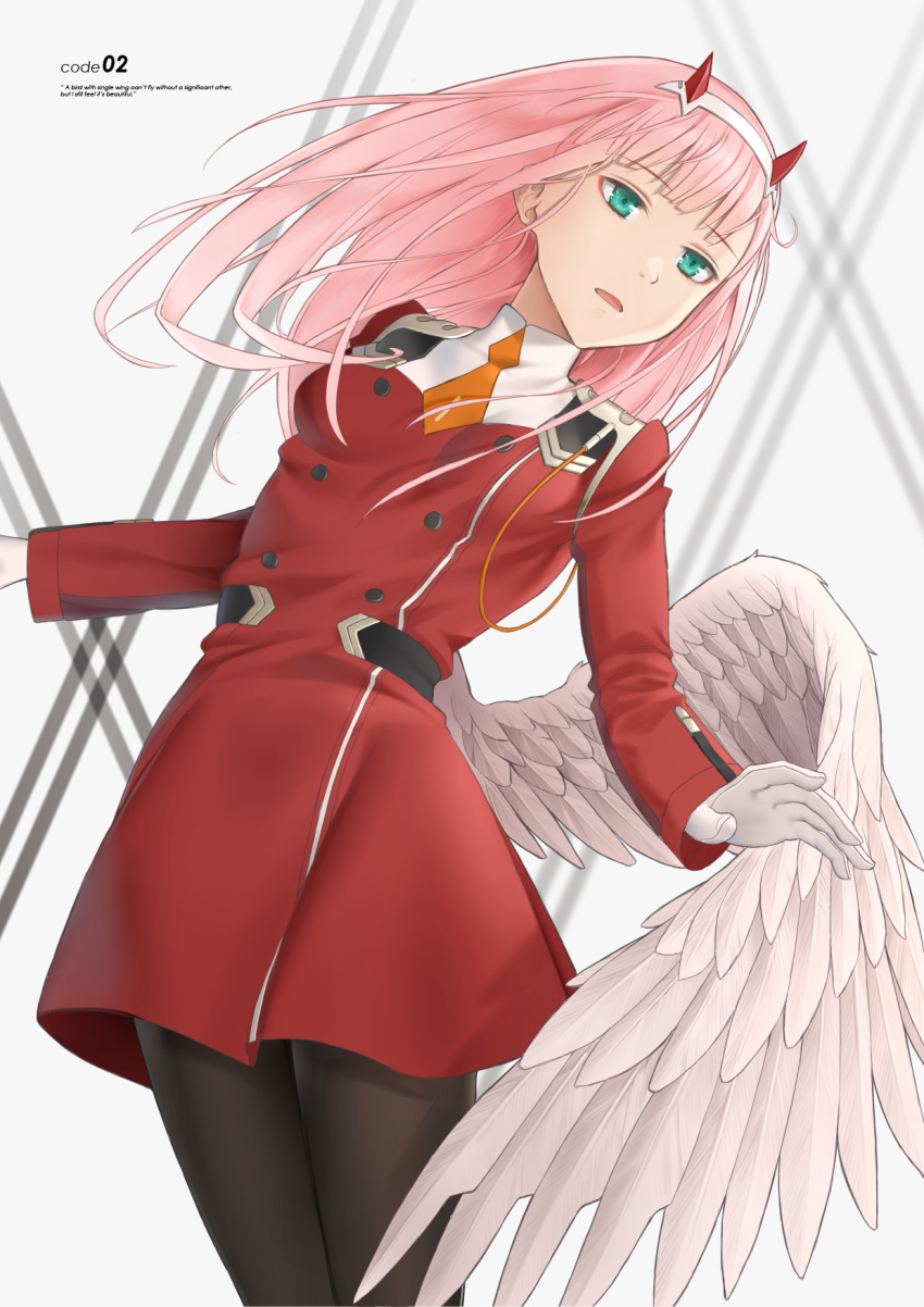 ahoge1 aqua_eyes bangs black_legwear commentary_request darling_in_the_franxx eyebrows_visible_through_hair gloves hairband highres horns long_hair open_mouth orange_neckwear pantyhose pilot_suit pink_hair red_horns single_wing solo uniform white_gloves white_hairband white_wings wings zero_two_(darling_in_the_franxx)