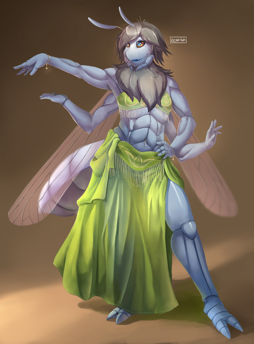 2016 2_toes 4_arms 5_fingers abdomen absurd_res antennae anthro arthropod belly_dancer blue_eyes bracelet brown_background clothed clothing dancing digital_media_(artwork) dress fly front_view fur girly hair hi_res insect insect_wings jewelry male mandibles multi_arm multi_limb navel navel_piercing ocaritna open_mouth piercing pose sal signature silver_stiletto_fly simple_background smile solo stiletto_fly toes translucent wings