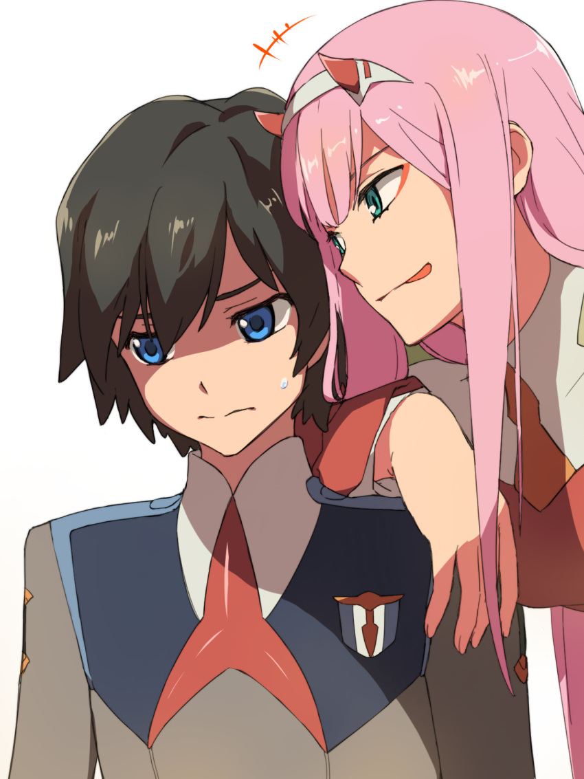 1boy 1girl arm_over_shoulder bangs black_hair blue_eyes chiharu_(9654784) commentary_request couple darling_in_the_franxx green_eyes hair_ornament hairband hetero highres hiro_(darling_in_the_franxx) horns lipstick long_hair long_sleeves looking_at_another makeup military military_uniform necktie oni_horns orange_neckwear pink_hair red_horns red_neckwear sweatdrop tongue tongue_out uniform white_hairband zero_two_(darling_in_the_franxx)