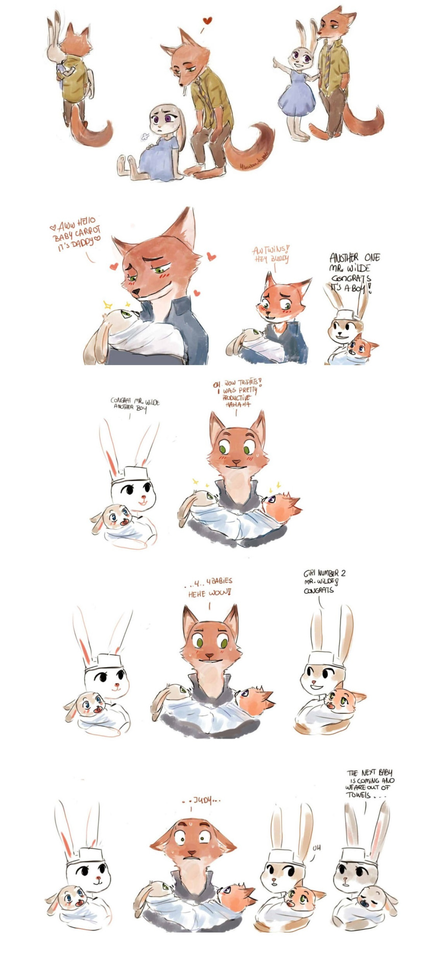 &lt;3 anthro arm_grab baby belly big_belly breathing bridal_carry canine carrying clothing cute disney dress duo english_text female fox fur green_eyes grey_fur hand_on_stomach hat judy_hopps lagomorph long_ears love low_res male mammal multiple_scenes necktie nick_wilde nurse nurse_hat orange_fur pacifier pants pregnant proud purple_eyes rabbit romantic_couple shirt sibling sitting size_difference smile standing sweat teeth text worried young yuuba zootopia